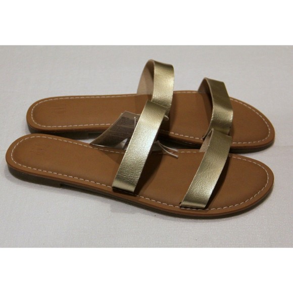 GAP Double Strap Flat Light Metallic Pale Gold Faux Leather Slides Sz 8 Sandal - Picture 1 of 4